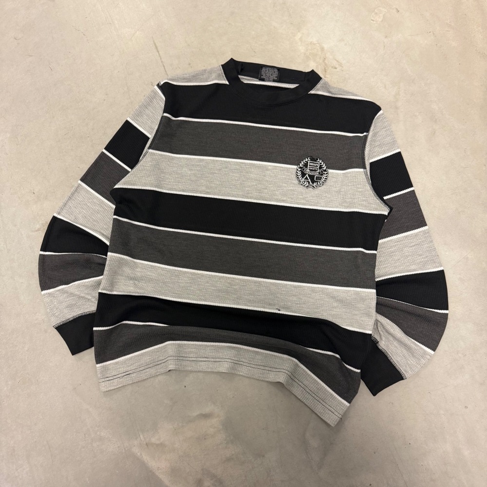 Red Ape Mens Waffle Knit Thermal Long Sleeve Striped Crew Neck Shirt Black Grey